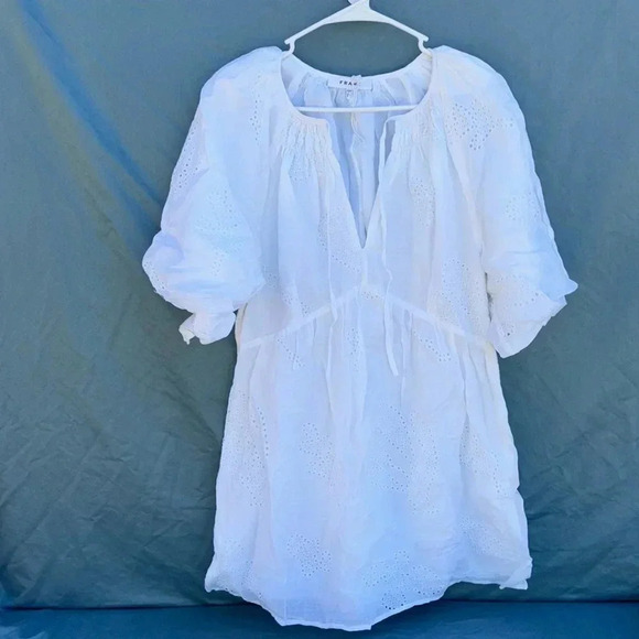 EUC Frame Womens White Self-Tie V-Neck Puff Sleeve Mini-Dress Sz M *defect* - Picture 1 of 7